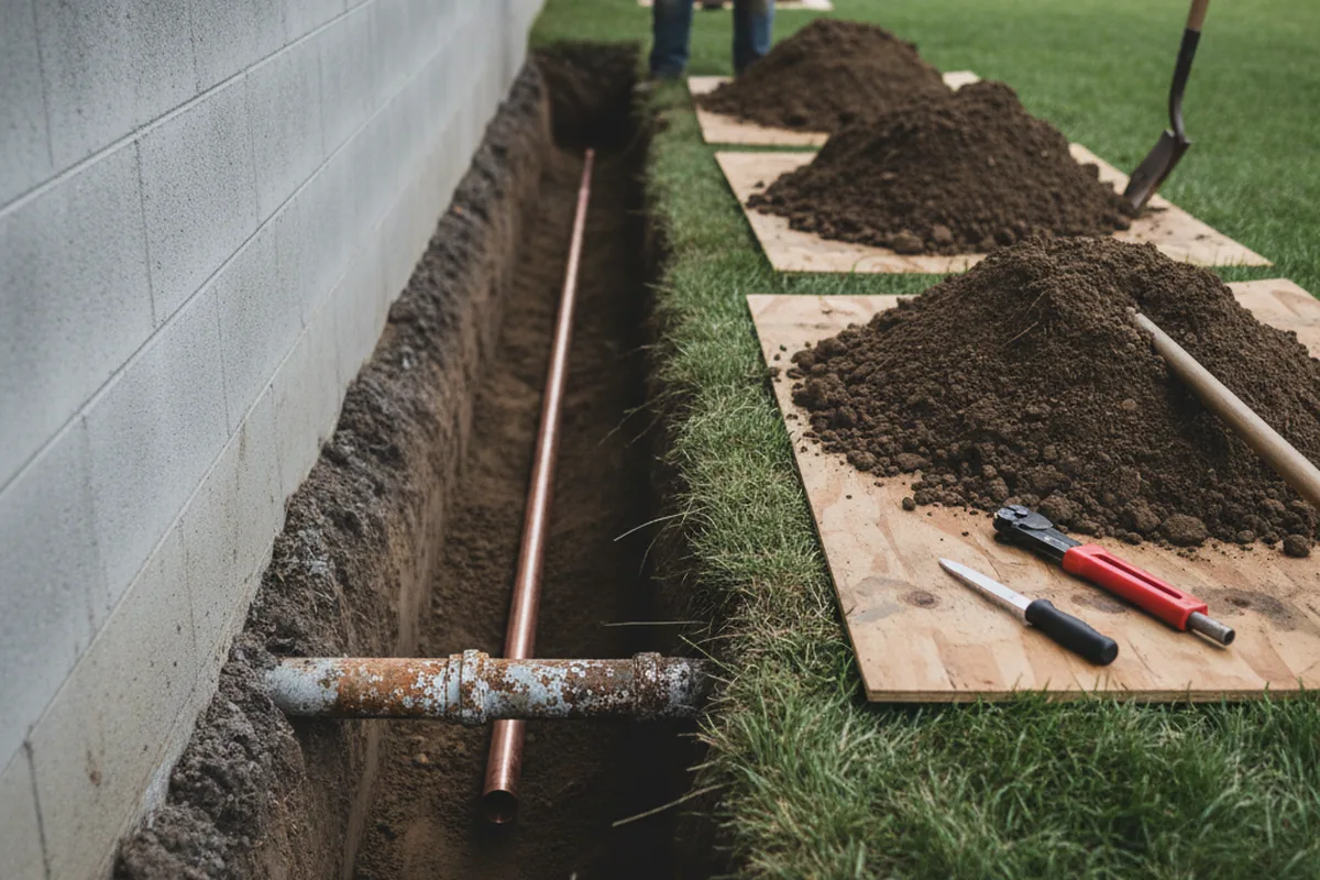 Excavated water line trench during Water Heater Repair in Sizerock